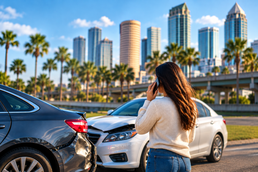 Woman calling for assistance beside two damaged vehicles after a car accident in Tampa, Florida.